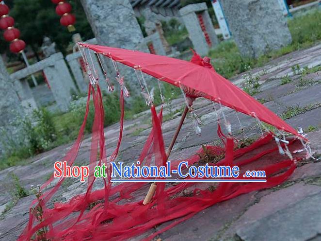 China Handmade Red Silk Umbrella Traditional Ribbon Tassel Umbrella