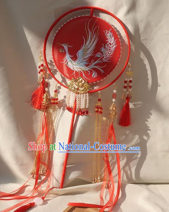 China Traditional Bride Embroidered Phoenix Silk Fan Classical Dance Circular Fan Handmade Wedding Beads Tassel Palace Fan