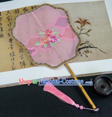 China Traditional Embroidery Hanfu Pink Silk Fan Embroidered Fans Handmade Palace Fan