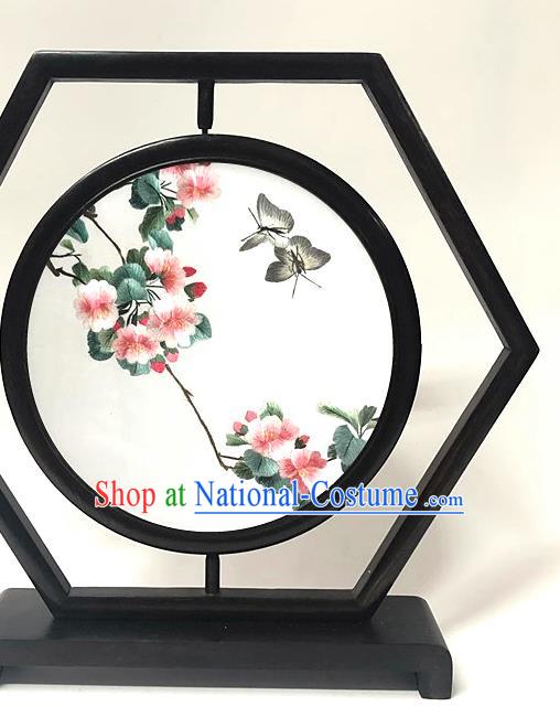 China Traditional Embroidery Peach Blossom Table Screen Suzhou Embroidered Craft Handmade Wenge Ornament