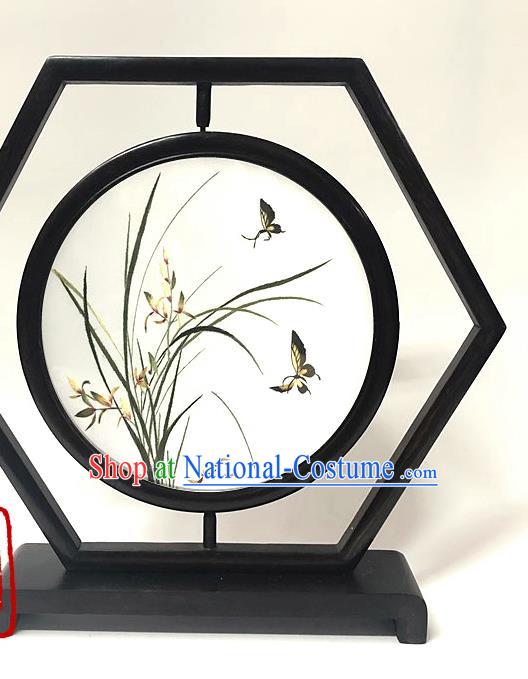 China Handmade Wenge Ornament Traditional Embroidery Orchid Butterfly Table Screen Suzhou Embroidered Craft