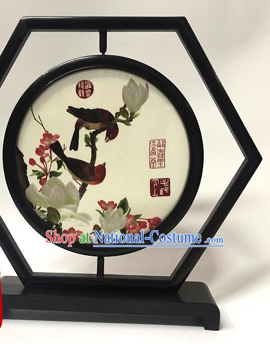 China Suzhou Embroidered Craft Handmade Wenge Ornament Traditional Embroidery Mangnolia Table Screen