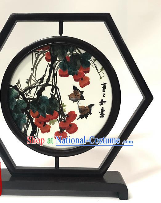 China Handmade Wenge Table Screen Ornament Traditional Embroidery Persimmon Craft