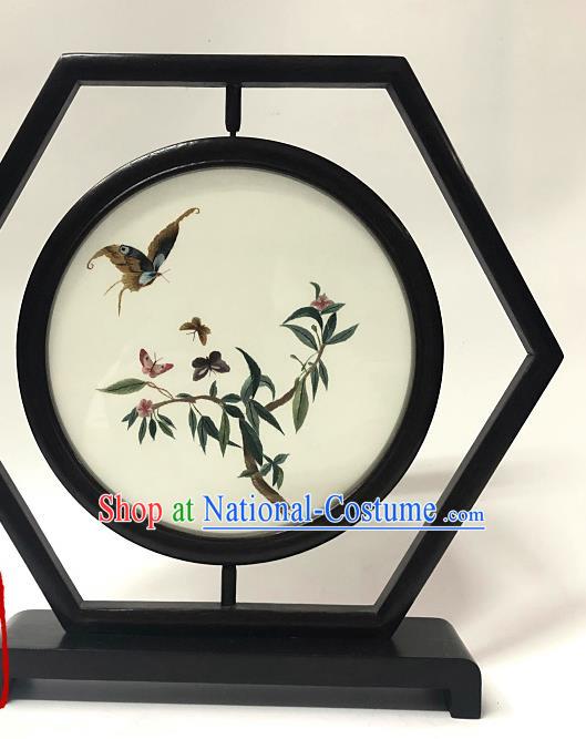 China Traditional Embroidery Craft Handmade Ornament Wenge Embroidered Table Screen