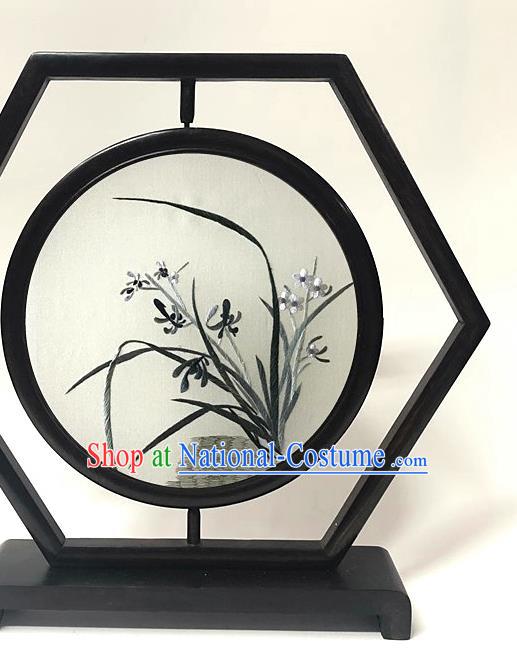 China Traditional Embroidery Orchids Craft Handmade Wenge Ornament Embroidered Table Screen