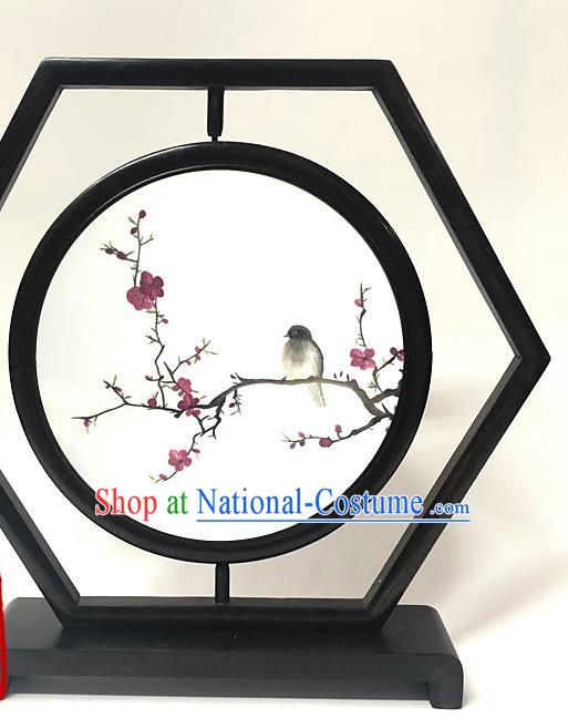 China Handmade Wenge Ornament Traditional Embroidery Plum Blossom Craft Embroidered Hexagon Table Screen