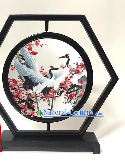 China Embroidered Plum Crane Hexagon Table Screen Handmade Wenge Ornament Traditional Embroidery Craft