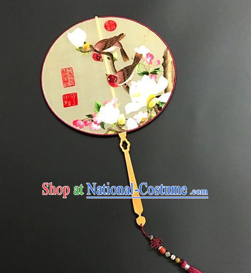 China Silk Circular Fan Traditional Suzhou Embroidery Hanfu Fan Handmade Embroidered Mangnolia Birds Palace Fan