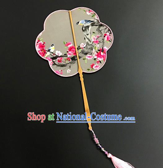 China Handmade Embroidered Plum Birds Palace Fan Silk Fan Traditional Suzhou Embroidery Hanfu Fan