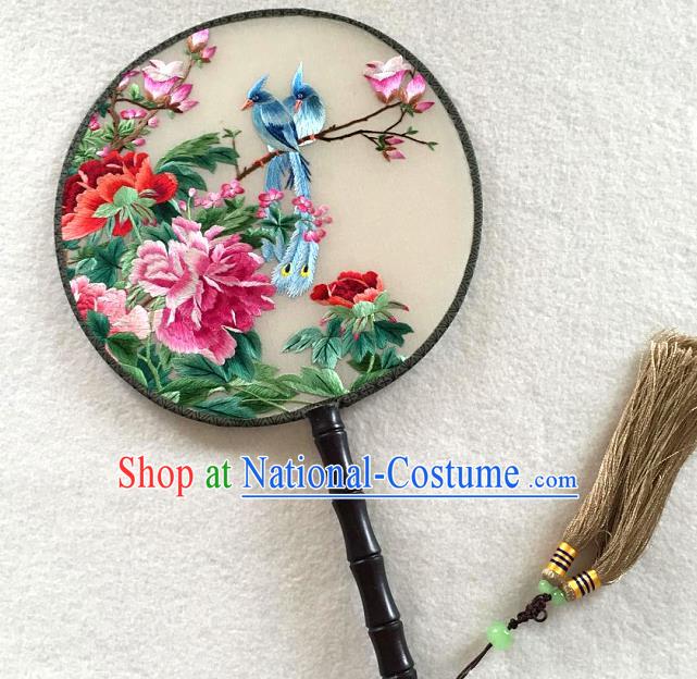 China Traditional Handmade Palace Fan Embroidered Peony Bird Silk Fan Hanfu Circular Fan