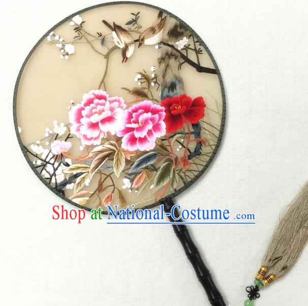 China Handmade Embroidered Peony Silk Fan Traditional Hanfu Circular Fan Palace Fan