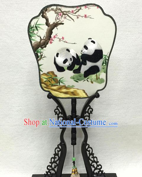 China Handmade Classical Dance Silk Fan Embroidered Plum Panda Palace Fan Traditional Court Hanfu Fan