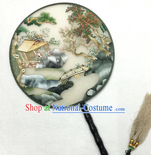 Handmade China Silk Fan Traditional Hanfu Circular Fan Embroidered Waterside Pavilion Palace Fan