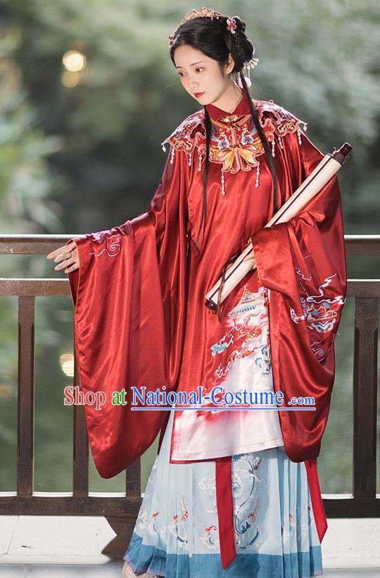 China Ancient Ming Dynasty Royal Princess Historical Clothing Traditional Hanfu Red Gown and Skirt Full Set