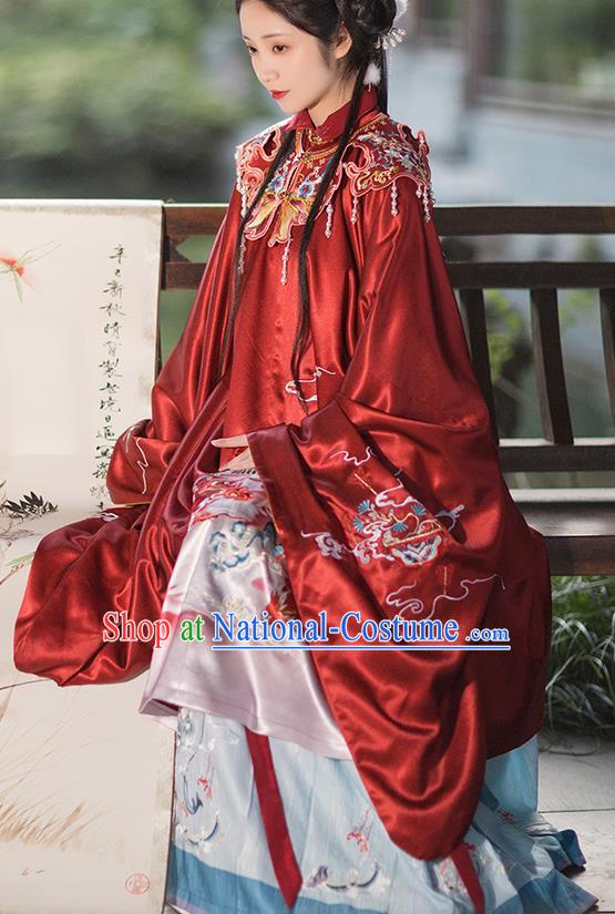 China Ancient Ming Dynasty Royal Princess Historical Clothing Traditional Hanfu Red Gown and Skirt Full Set