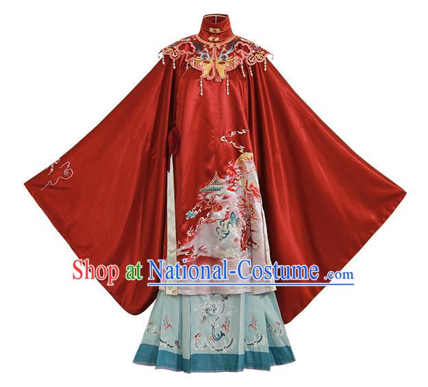 China Ancient Ming Dynasty Royal Princess Historical Clothing Traditional Hanfu Red Gown and Skirt Full Set