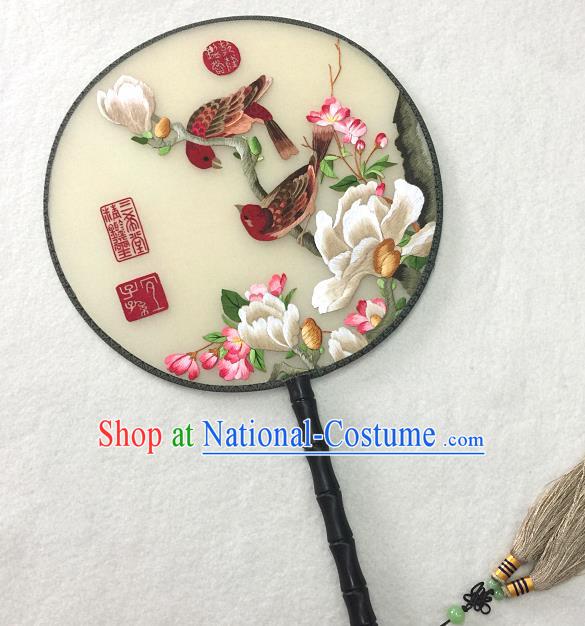 Handmade China Traditional Hanfu Circular Fan Embroidered Mangnolia Palace Fan Silk Fan