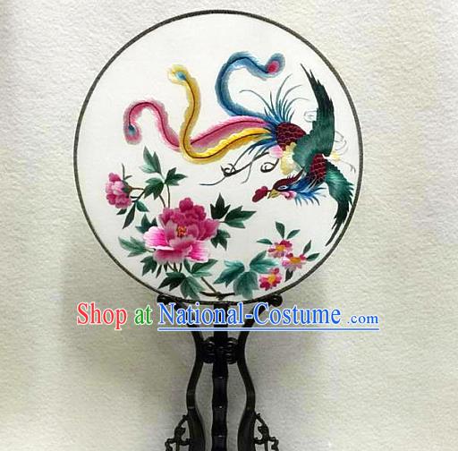 Handmade Embroidered Phoenix Peony Silk Fan China Palace Fan Traditional Hanfu Circular Fan