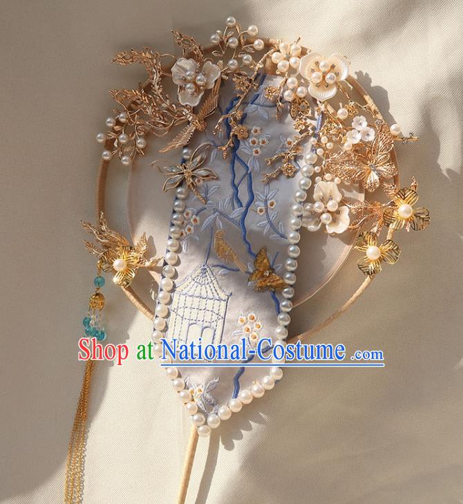 China Traditional Bride Golden Plum Fan Classical Dance Circular Fan Handmade Wedding Embroidered Palace Fan