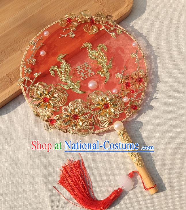 China Handmade Wedding Golden Phoenix Flowers Palace Fan Classical Dance Circular Fan Traditional Bride Red Silk Fan