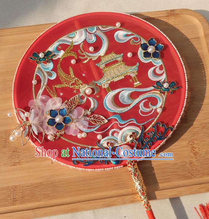 China Handmade Wedding Embroidered Palace Fan Classical Dance Circular Fan Traditional Bride Blueing Phoenix Silk Fan