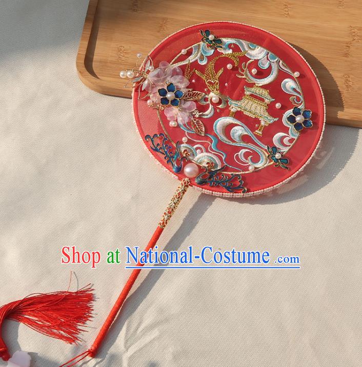 China Handmade Wedding Embroidered Palace Fan Classical Dance Circular Fan Traditional Bride Blueing Phoenix Silk Fan