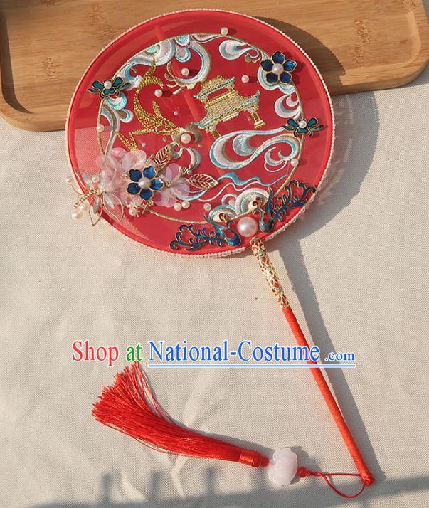 China Handmade Wedding Embroidered Palace Fan Classical Dance Circular Fan Traditional Bride Blueing Phoenix Silk Fan