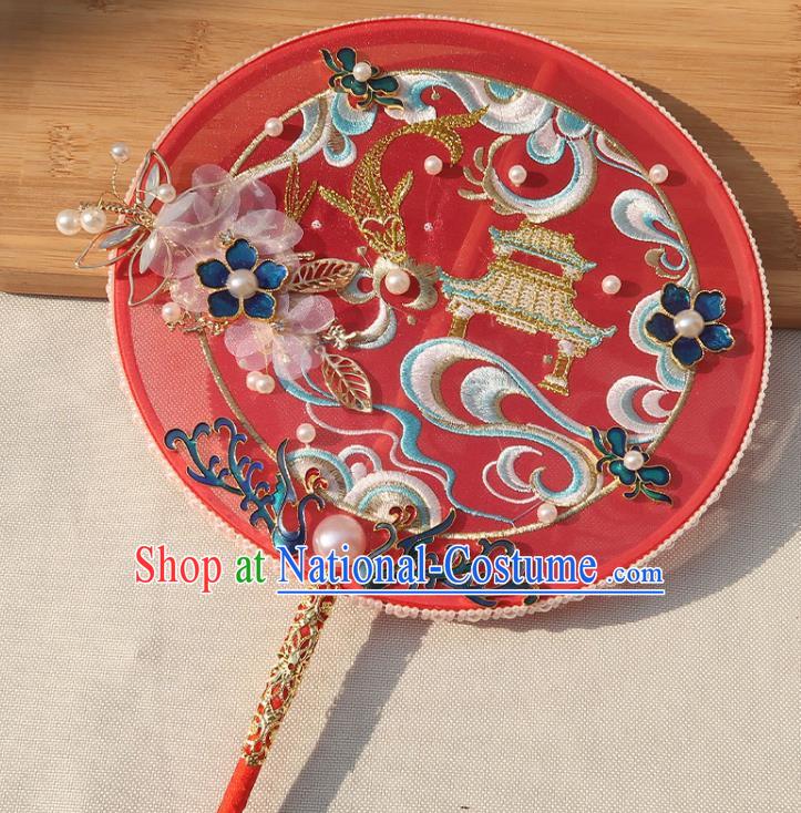 China Handmade Wedding Embroidered Palace Fan Classical Dance Circular Fan Traditional Bride Blueing Phoenix Silk Fan