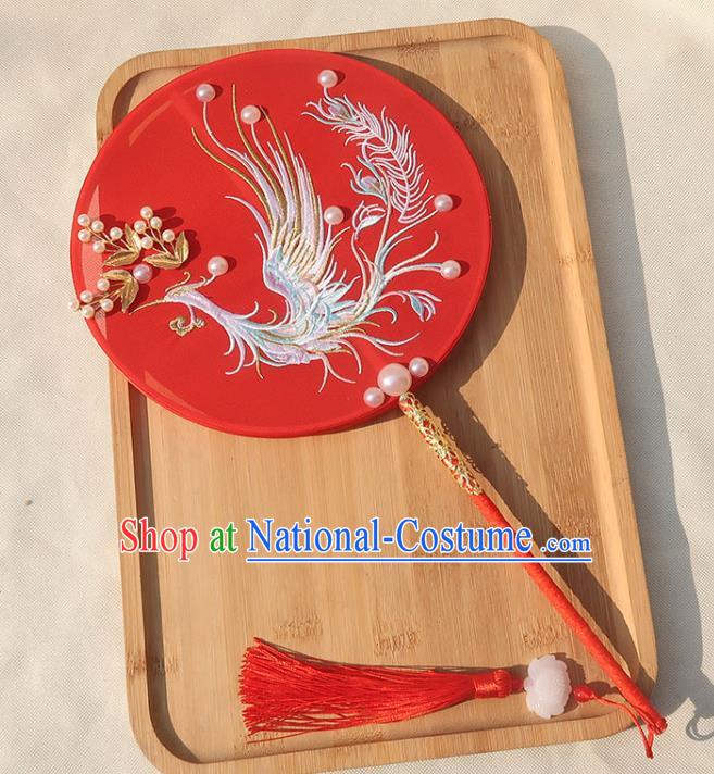 China Handmade Wedding Embroidered Phoenix Palace Fan Traditional Bride Red Silk Fan Classical Dance Circular Fan