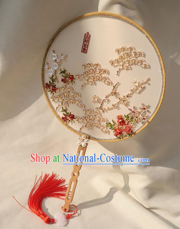 China Handmade Wedding White Palace Fan Classical Dance Circular Fan Traditional Bride Plum Blossom Silk Fan