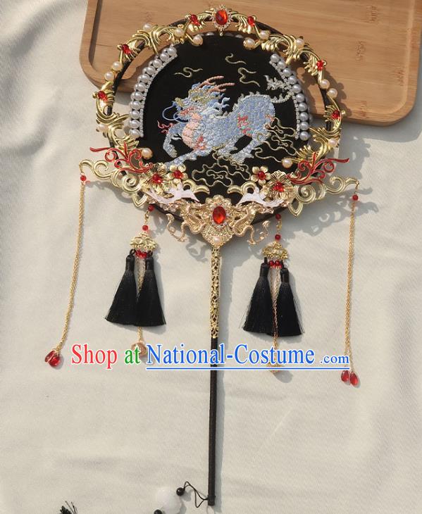 China Classical Dance Black Silk Fan Traditional Wedding Embroidered Kylin Circular Fan Handmade Bride Palace Fan