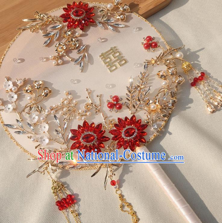 China Handmade Wedding Red Crystal Flowers Palace Fan Classical Dance Circular Fan Traditional Bride Pearls Silk Fan