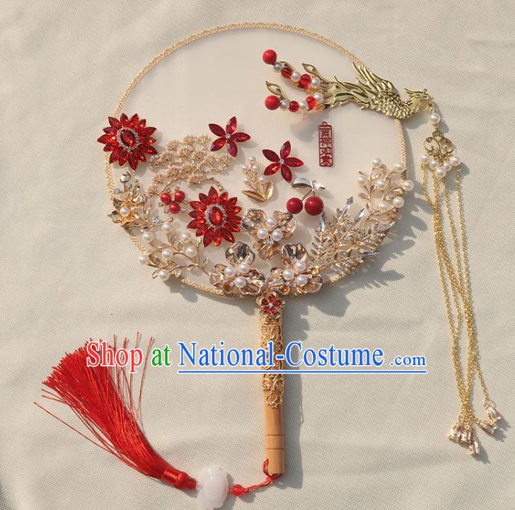 China Classical Dance Golden Phoenix Tassel Silk Fan Traditional Wedding Pearls Circular Fan Handmade Bride Red Crystal Palace Fan