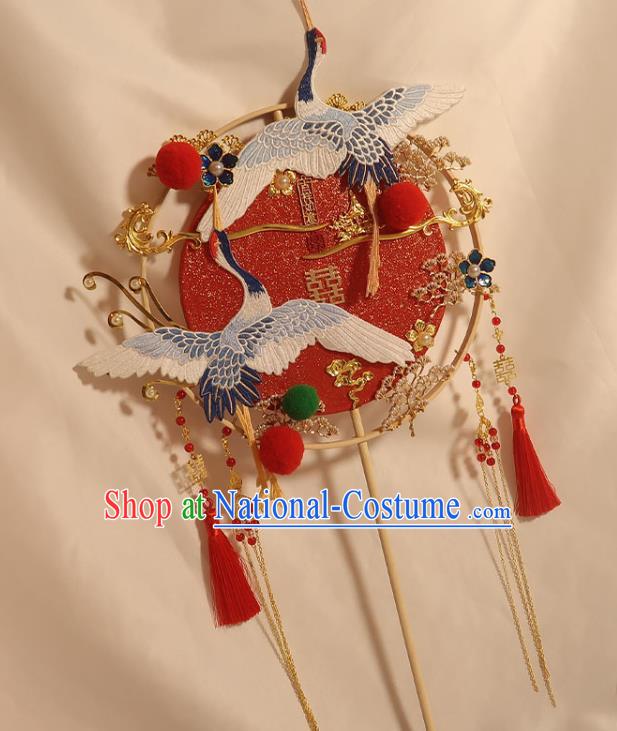 China Handmade Bride Palace Fan Classical Dance Red Circular Fan Traditional Wedding Embroidered Crane Fan