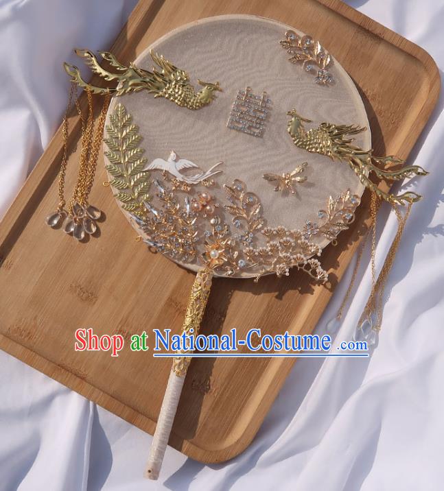 China Classical Dance Golden Phoenix Fan Handmade Bride Palace Fan Traditional Wedding White Silk Circular Fan