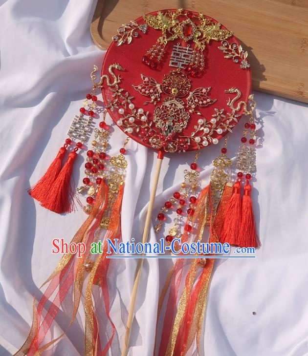 China Classical Dance Silk Fan Handmade Bride Palace Fan Traditional Wedding Red Ribbon Circular Fan