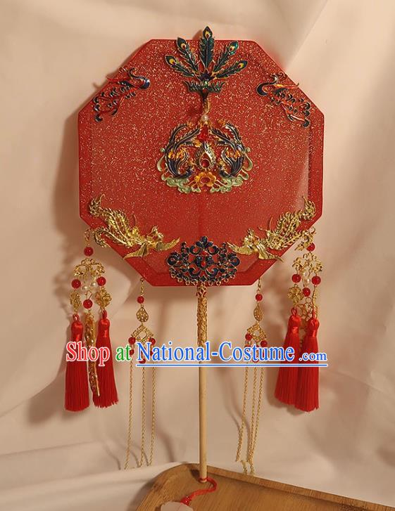 China Traditional Wedding Red Tassel Octagon Fan Classical Dance Silk Fan Handmade Bride Blueing Phoenix Palace Fan