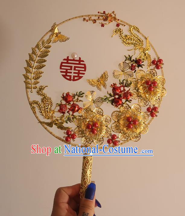 China Classical Dance White Silk Fan Handmade Bride Palace Fan Traditional Wedding Golden Peony Circular Fan