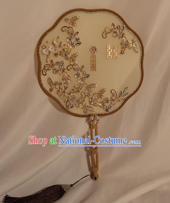 China Classical Dance Silk Fan Handmade Bride Crystal Palace Fan Traditional Wedding Plum Blossom Fan