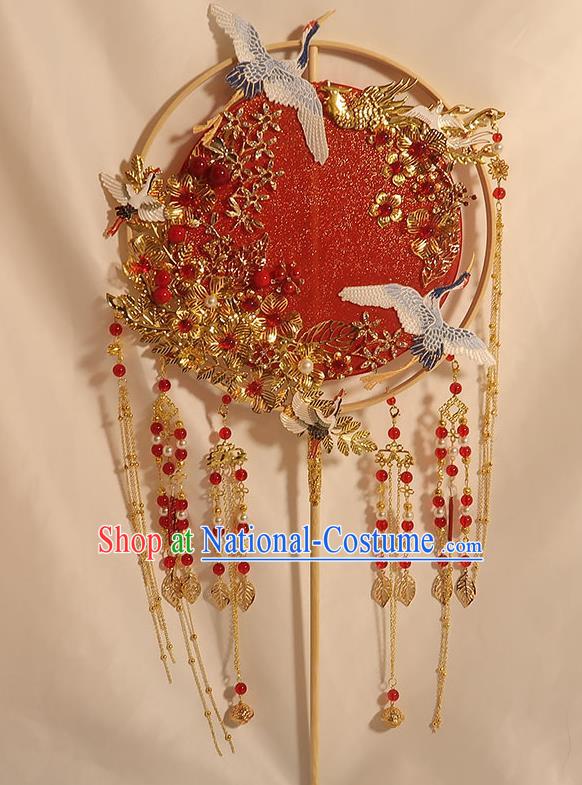 China Handmade Bride Red Beads Tassel Palace Fan Classical Dance Silk Fan Traditional Wedding Embroidered Crane Circular Fan