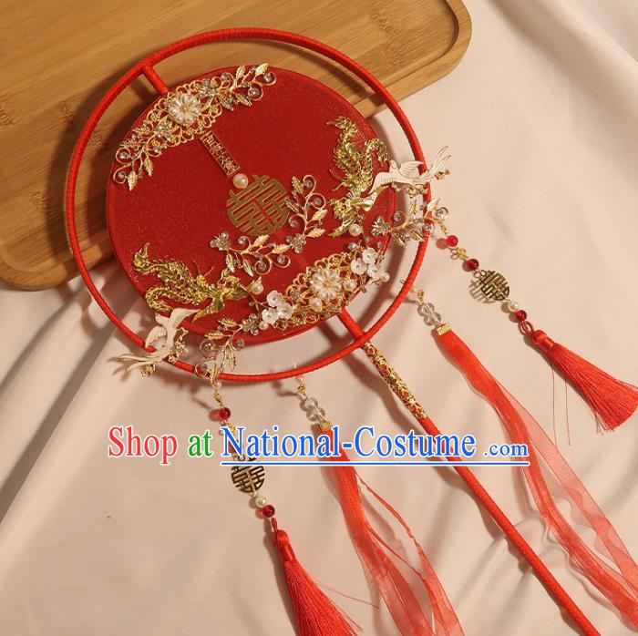 China Traditional Wedding Pearls Plum Fan Handmade Bride Red Silk Palace Fan Classical Dance Circular Fan