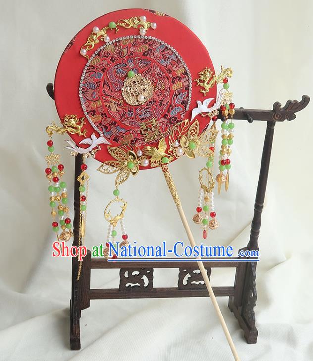 China Bride Beads Tassel Palace Fan Traditional Wedding Embroidered Red Circular Fan Handmade Hanfu Fan