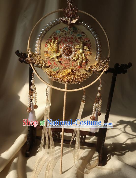 China Ancient Princess Circular Fan Traditional Golden Phoenix Palace Fan Handmade Hanfu Light Yellow Silk Fan