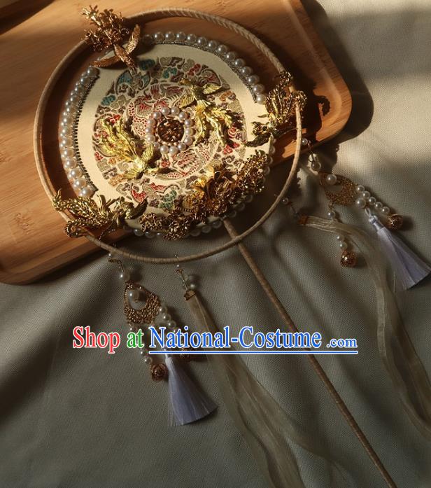 China Ancient Princess Circular Fan Traditional Golden Phoenix Palace Fan Handmade Hanfu Light Yellow Silk Fan