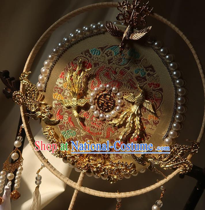 China Ancient Princess Circular Fan Traditional Golden Phoenix Palace Fan Handmade Hanfu Light Yellow Silk Fan