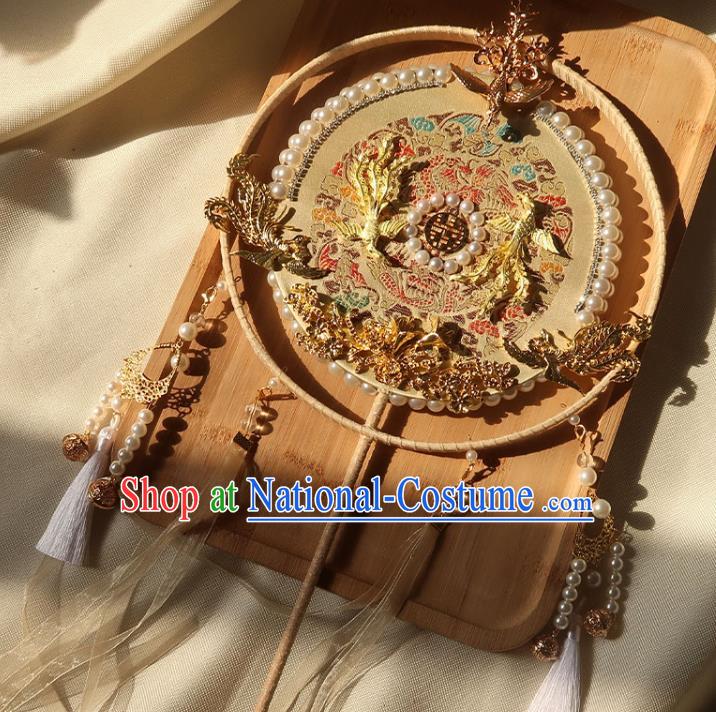 China Ancient Princess Circular Fan Traditional Golden Phoenix Palace Fan Handmade Hanfu Light Yellow Silk Fan