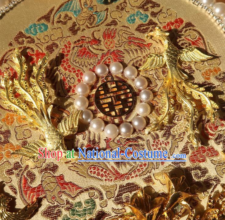 China Ancient Princess Circular Fan Traditional Golden Phoenix Palace Fan Handmade Hanfu Light Yellow Silk Fan