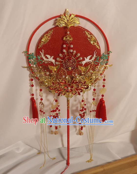 China Handmade Bride Enamel Red Flower Palace Fan Traditional Wedding Silk Fan Classical Dance Tassel Circular Fan