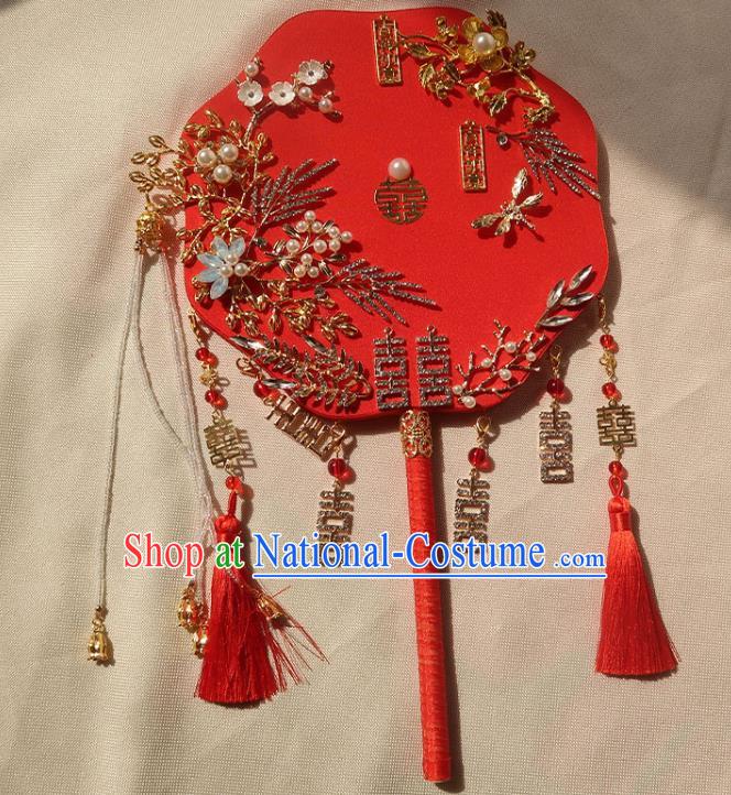 China Ancient Princess Crystal Flowers Fan Handmade Hanfu Red Silk Fan Traditional Wedding Palace Fan