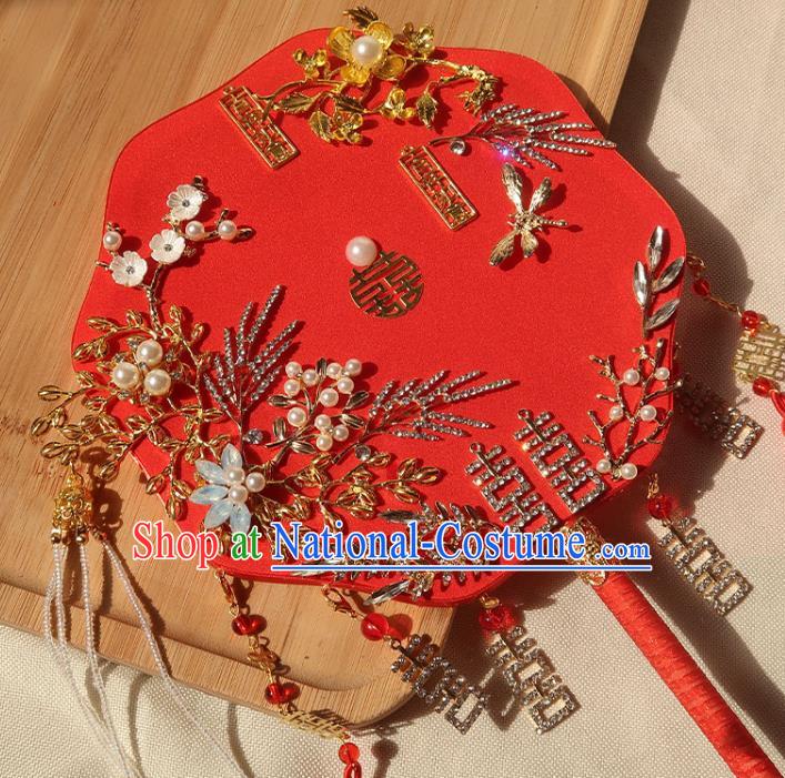 China Ancient Princess Crystal Flowers Fan Handmade Hanfu Red Silk Fan Traditional Wedding Palace Fan